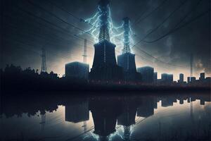 Apocalyptic Cityscape Skyline of a Metropolis with Lightning Strikes on Overhead Power Lines, Energy Blackout photo