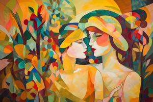 Summer Love An Abstract Painting of Two Women Embracing in Warm Orange Hues photo