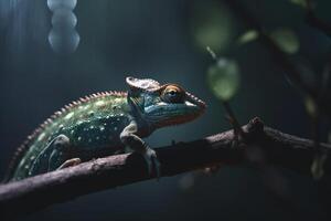 Camouflaged Chameleon Perched on Jungle Branch photo