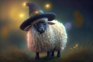 linda pequeño oveja vestido como un bruja para Víspera de Todos los Santos en un otoño campo ai generado foto