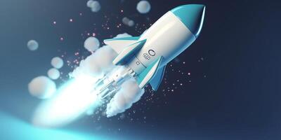 Symbolic 3D Rendering of White Rocket Model against Blue Background for Startup Concepts photo