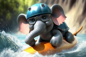 Little Funny Elephant Having Fun White Water Rafting in a Kayak photo