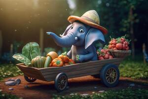 Little Elephant Harvesting Vegetables in the Garden with a Wheelbarrow photo