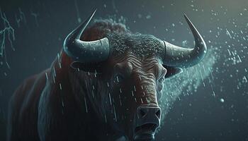 tempestuoso choque un místico imagen de un furioso toro durante un valores mercado choque ai generado foto