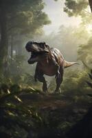 Rey de el prehistórico reino realista ilustración de tiranosaurio rex en sus antiguo habitat ai generado foto