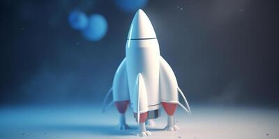 Symbolic 3D Rendering of White Rocket Model against Blue Background for Startup Concepts photo