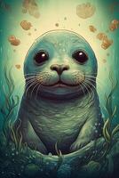 The Enchanted Adventure of a Cute Little Seal in a Magical Underwater World photo