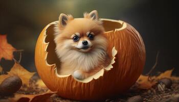 Pomeranian Pup Perched in a Picked, Pockmarked Pumpkin photo