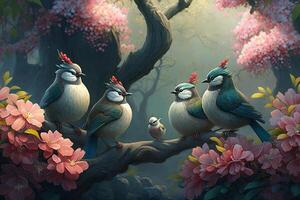 Enchanted Garden Small Chinese Birds Perched Amongst Magic Blossoms photo