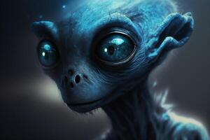 retrato de un azul extraterrestre con suave piel y grande adorable ojos ai generado foto