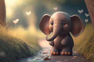 Adorable little elephant strolling through a green forest photo