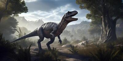 itinerancia el antiguo tierras un realista ilustración exhibiendo el poderoso allosaurus en un prehistórico paisaje ai generado foto