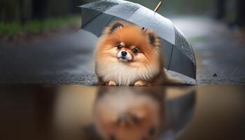 adorable pomeranio perro sentado debajo un paraguas reflejando en un charco ai generado foto