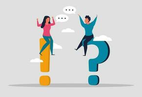 Answers to frequently asked questions, discussion and conversation of people. A man and a woman are sitting and asking questions to each other. Vector illustration concept