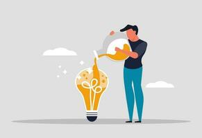 An experiment to explore a new business idea. A man holds a laboratory flask and pours liquid into a light bulb. Business innovation in a technology company. Vector illustration concept