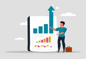 Business growth of the company, increase in income and return on investment. Sales growth and a successful businessman stands near the graph and looks at the up arrow. Vector illustration