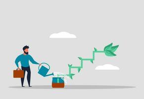 Career path development, work ladder and future employee. Investment for success and mentoring. Businessman watering flowers and business growth. Vector illustration concept.