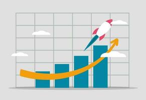 Exponential growth in company revenues and investments. Earnings graph is growing up. Sales increase, financial report. Business rocket flies up on the chart. Vector illustration concept