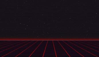 Synthwave red cyber laser grid with stars in background and horizon on starry space background. Design for poster, cover, wallpaper, web, banner. photo