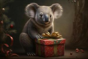 Koala sits between Christmas presents on Christmas Eve Content photo