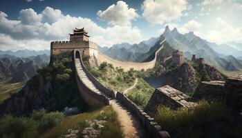 el genial pared de China en contra un azul cielo y blanco nubes ai generado foto