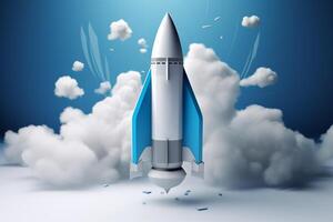 White Rocket Model Flying Through Cloudy Blue Skies as a Symbol of Startup Success and Innovation photo