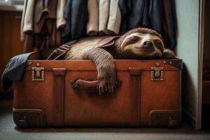 contento y cansado perezoso duerme en un viaje caso cuero maleta y viajes a un sueño mundo ai generado foto