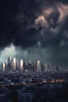 financiero tormenta ciudad horizonte durante banco correr con trueno y relámpago ai generado foto