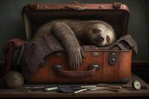 happy and tired sloth sleeps in a travel case leather suitcase and travels to a dream world photo