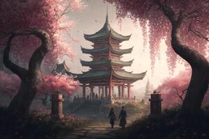 Mystical Pagoda Amidst Blooming Peach Trees - A Magical Scene Straight Out of a Fairy Tale photo