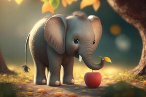 adorable pequeño elefante debajo un manzana árbol con un manzana ai generado foto