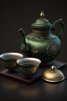 elegante chino jade té conjunto con tradicional diseño y delicado artesanía ai generado foto