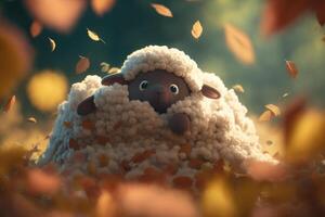 Cheerful Sheep Amongst Autumn Leaves in a Sunny Forest photo