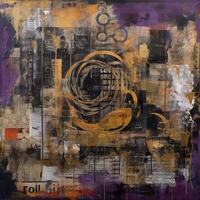 Layers of Time and Texture A Captivating Industrial Chic Artwork with Collages and Paint on a Large Canvas in Purple and Sepia photo