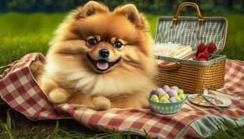 Picnicking Pomeranian Adorable Dog Enjoying a Picnic on a Sunny Day in the Park photo