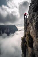 escalada el majestuoso alturas un escalador aventuras en medio de imponente nubes y montañas ai generado foto