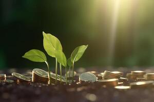 verde planta de semillero con monedas en el suelo, ecofinanciamiento y sostenible desarrollo concepto ai generado foto