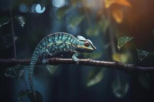 Camouflaged Chameleon Perched on Jungle Branch photo