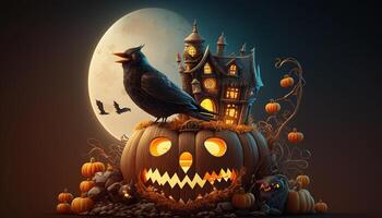 Enchanted Halloween Scene Crow Creature Perched on Glowing Pumpkin with Spooky Castle and Moon in Background photo