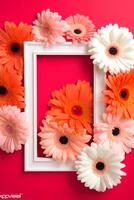 Pink Blooms in a White Frame Against a Pink Background photo