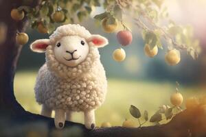 Cute and Funny Woolen Sheep Among Apples in a Lush Summertime Apple Tree photo