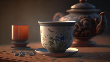 Traditional Chinese Tea Cup Setting with Decorative Elements photo