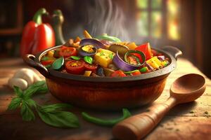 Earthenware Bowl Filled with Rustic Ratatouille photo