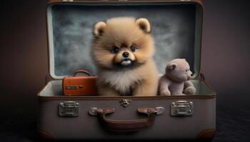 Listo para el viaje adorable pomeranio perro sentado en un maleta ai generado foto
