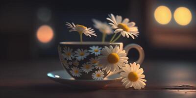 Glass Jar Filled with Chamomile Flowers, Illustrated photo