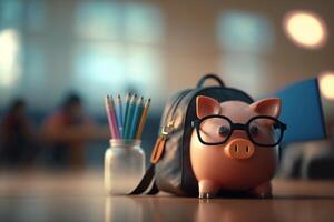 ahorros cerdito banco con mochila en un mesa con plumas ai generado foto