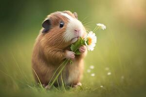 Cute guinea pig on green meadow with daisies in paws AI generated photo