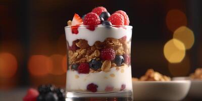 en capas baya yogur parfait con Granola ai generado foto