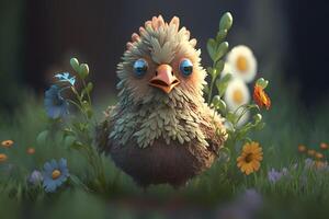 The funny chicken standing in the meadow with a curious look photo