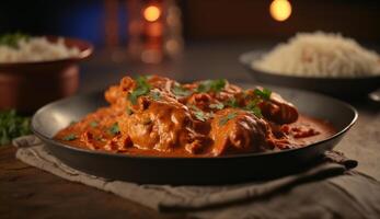 picante pollo tikka condimento - un clásico indio plato humeante en contra un oscuro fondo ai generado foto